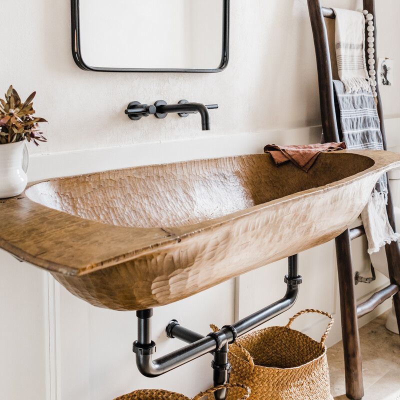 Camille Styles powder bath with rustic trough sink DIY