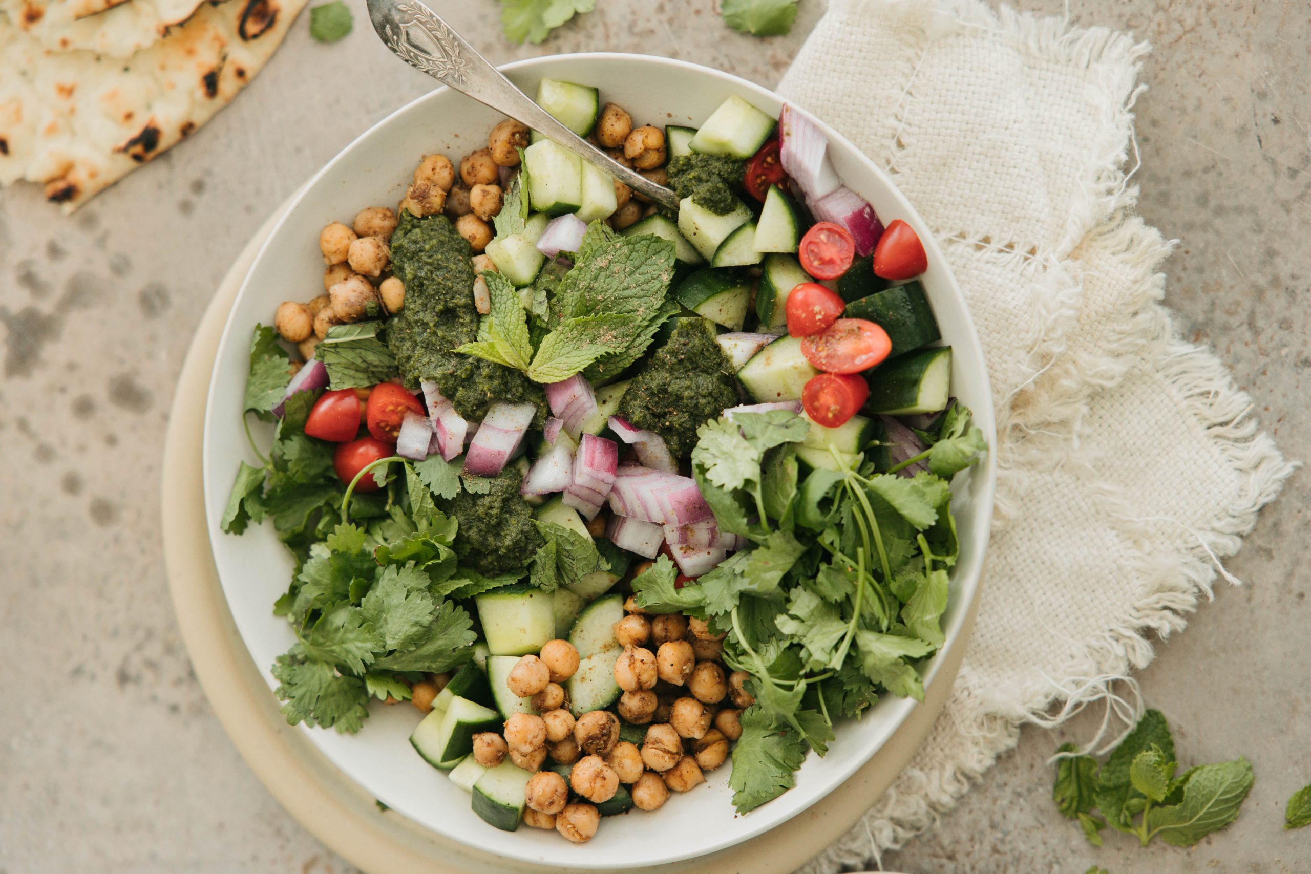 chickpea salad - kachumber salad with cucumbers tomatoes and onions