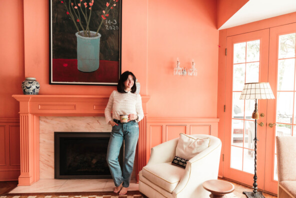 Coral living room and mantle