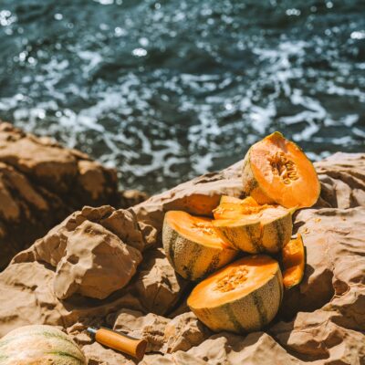 melons on the rocks by the water