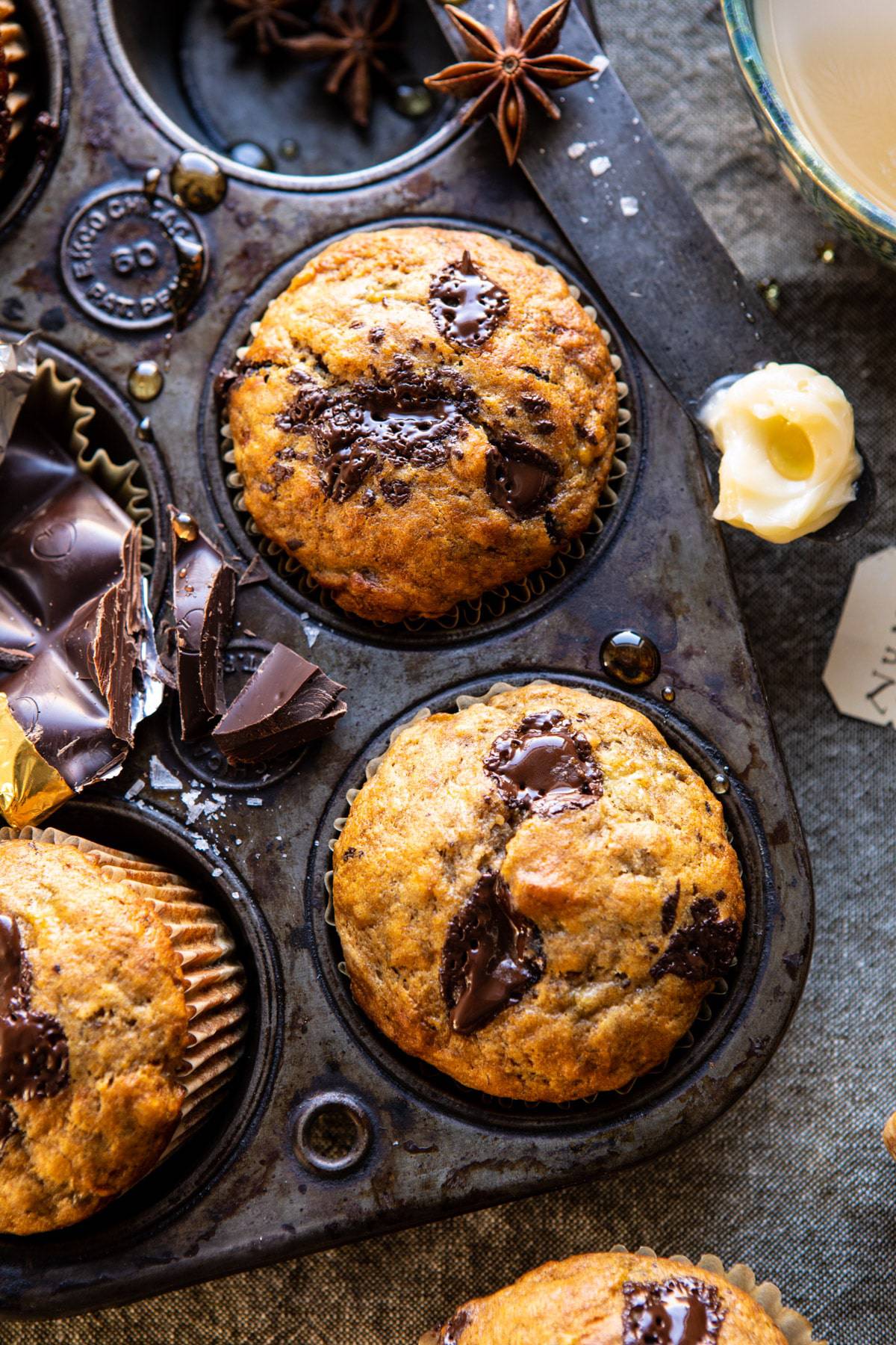 one bowl chocolate chunk chai banana muffins