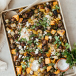 sheet pan harvest hash with sweet potatoes, brussels sprouts, and sausage - ingredients - vegetables - winter produce_fall foods for hormone balance