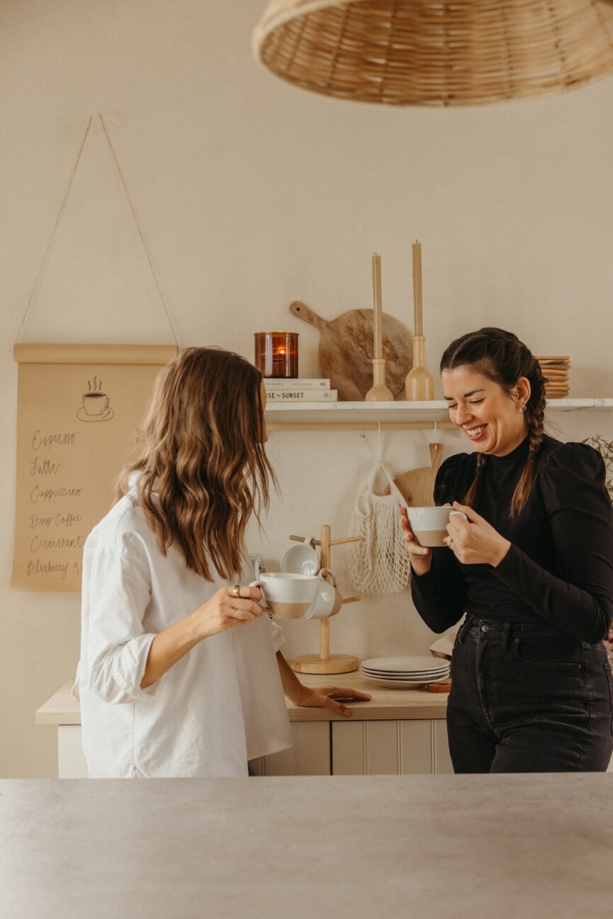 friends hanging out in kitchen, at-home cafe gathering