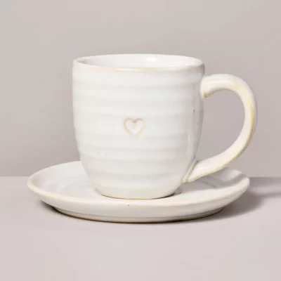 4oz Valentine's Day Heart Imprint Stoneware Espresso Cup and Saucer Set Vintage Cream - Hearth & Hand™ with Magnolia